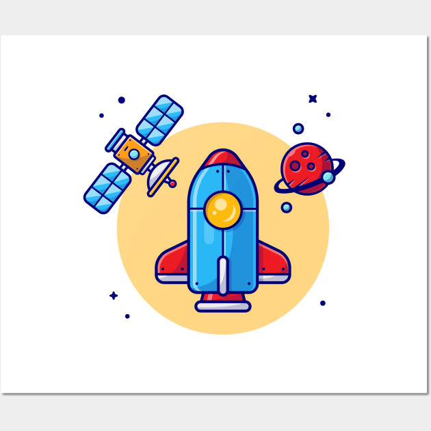 Space Shuttle Flying with Planet and Satellite Space Cartoon Vector Icon Illustration Wall Art by Catalyst Labs